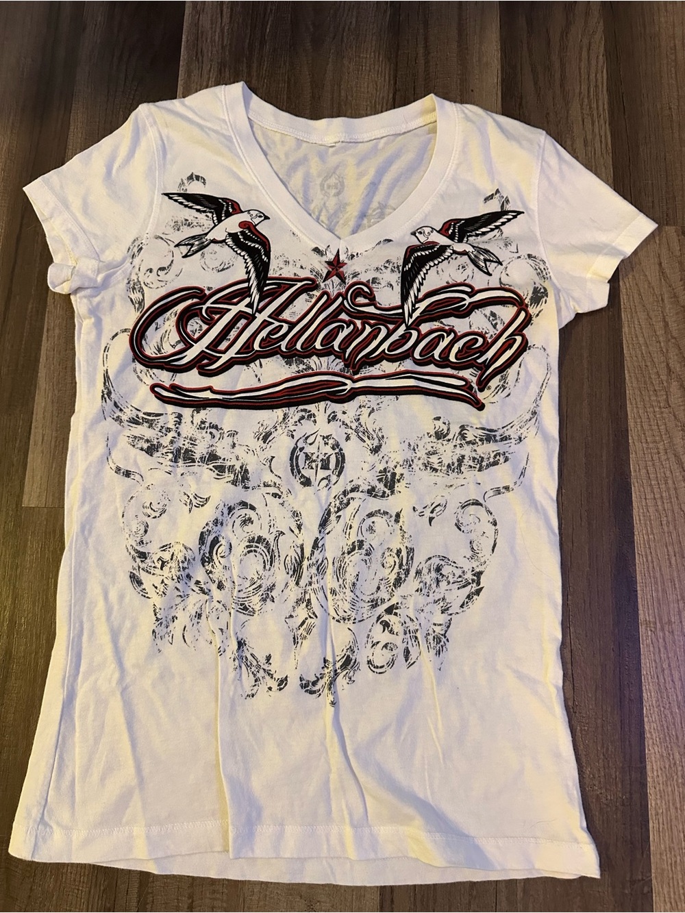 Hellanback women’s White V-Neck Graphic Tee. Shirt.